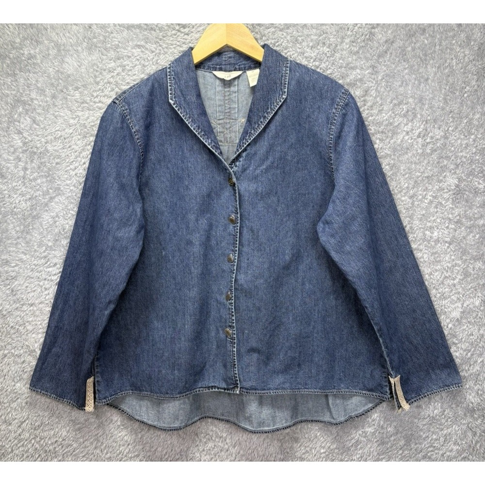 VTG J Jill Womens M Denim Jacket Blazer Blue Cotton Lace Trim Button Front